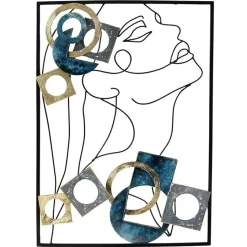 Décoration murale en métal visage et formes bleues et or