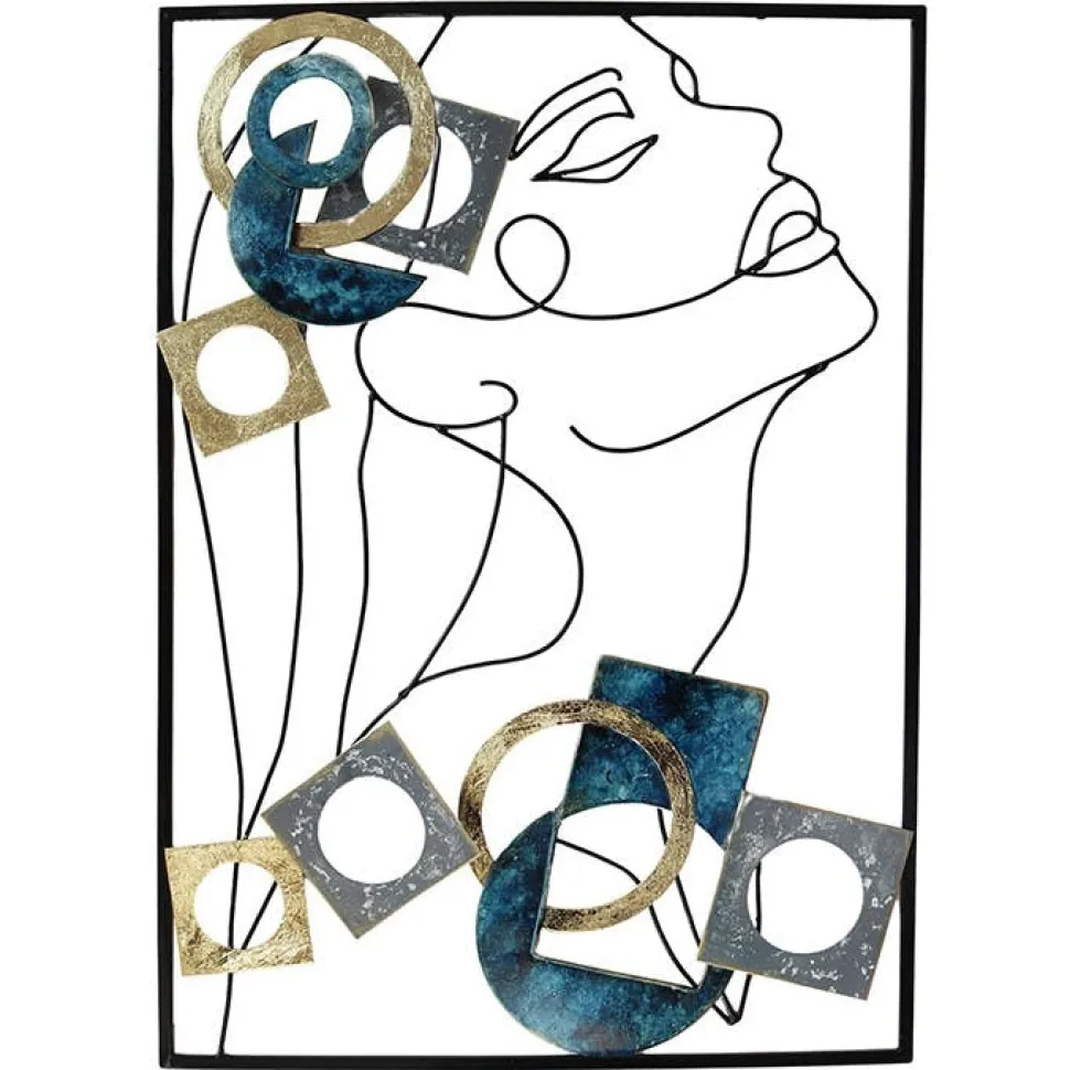 Décoration murale en métal visage et formes bleues et or