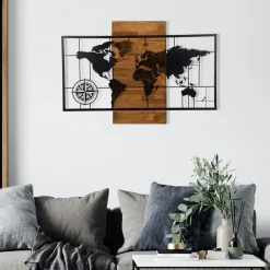 Décoration murale en métal et bois – planisphère