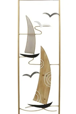 Décoration murale en métal avec voiliers en métal blanc et bois