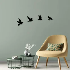 Décoration murale en métal noir – oiseaux en vol (lot de 4)
