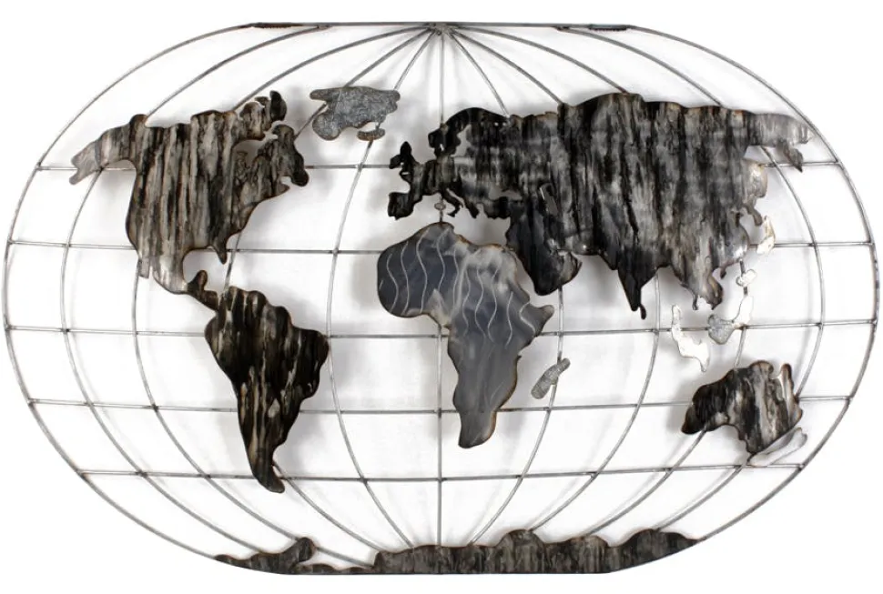 Décoration murale Mappemonde en métal gris et noir 120x75cm