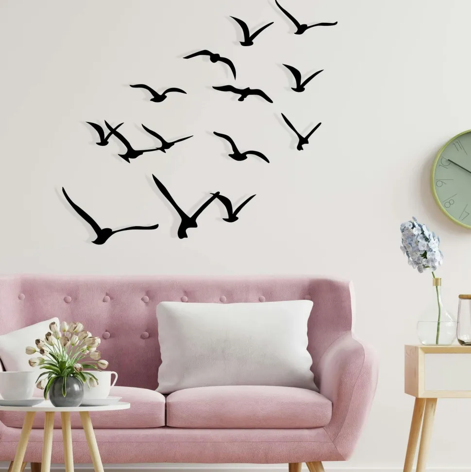 Décoration murale nature – oiseaux métal noir (lot de 11)