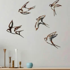 Décoration murale oiseaux en métal mordoré (lot de 5)