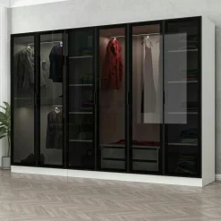 Dressing 6 portes verre, 2 tiroirs & cadre blanc BYRON