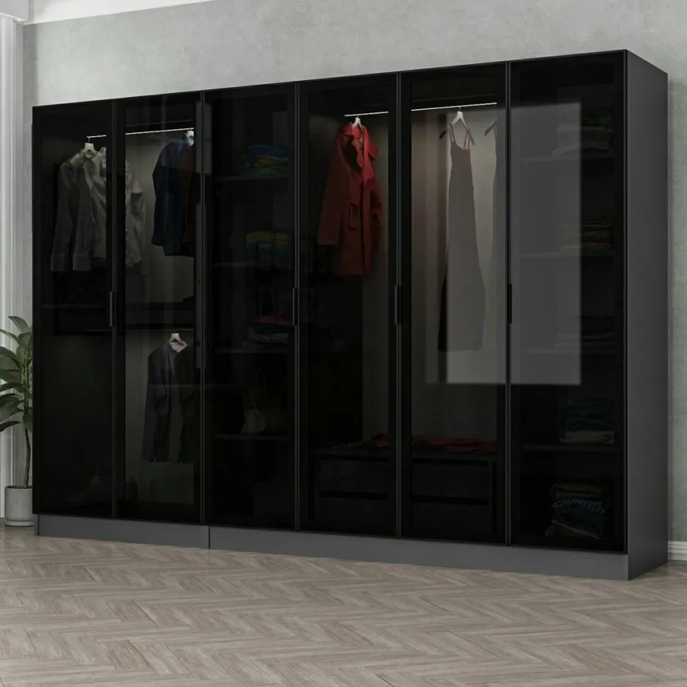 Dressing 6 portes verre, 2 tiroirs & cadre anthracite BYRON