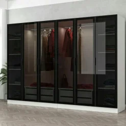 Dressing design 6 portes en verre noir & cadre blanc BYRON