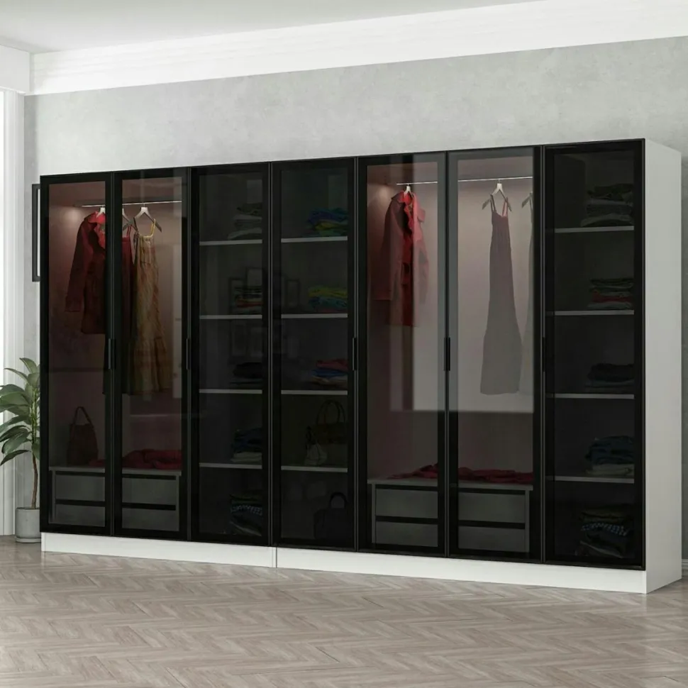 Dressing design 7 portes en verre noir et cadre blanc BYRON