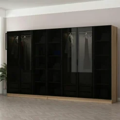 Dressing design 7 portes verre noir & cadre effet bois BYRON