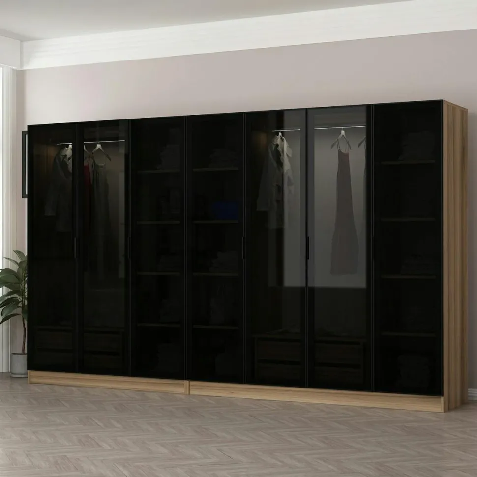 Dressing design 7 portes verre noir & cadre effet bois BYRON