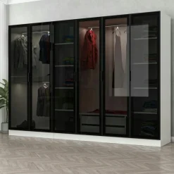 Dressing design 6 portes verre, cadre blanc, 2 tiroirs BYRON
