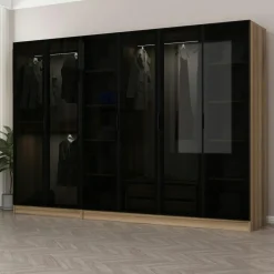 Dressing design 6 portes verre noir & cadre effet noyer BYRON