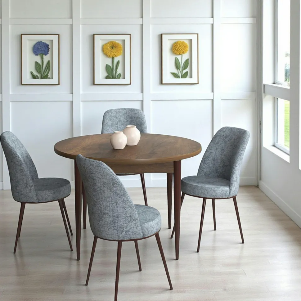 Ensemble table ronde Ø90 cm + 4 chaises gris clair à motifs AROLA