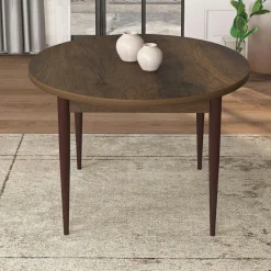 Ensemble table ronde Ø90 cm + 4 chaises moutarde à motifs AROLA