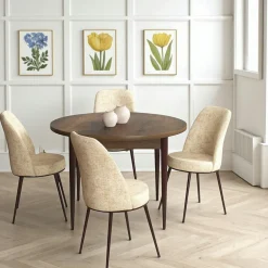 Ensemble table ronde Ø90 cm + 4 chaises beiges à motifs AROLA