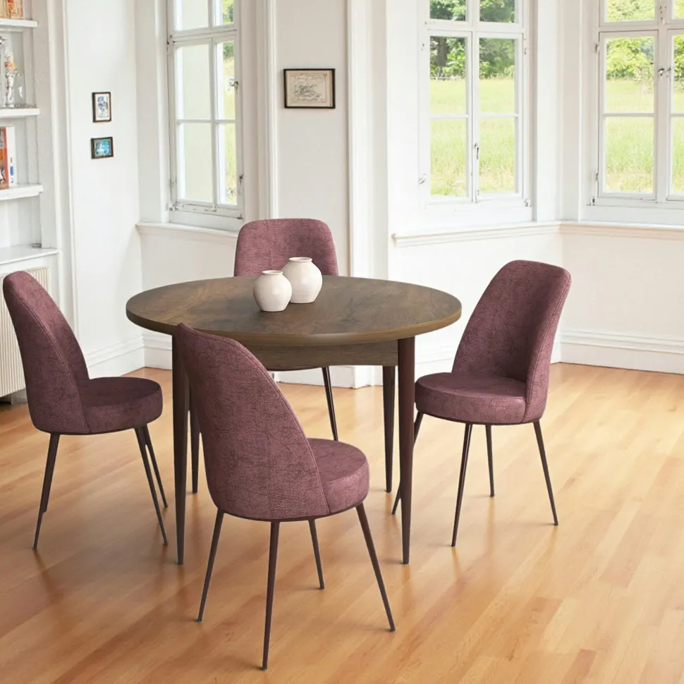 Ensemble table ronde Ø90 cm + 4 chaises roses à motifs AROLA