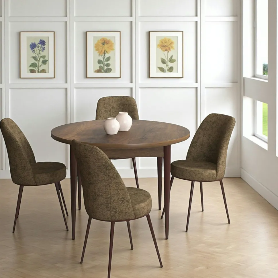 Ensemble table ronde Ø90 cm + 4 chaises taupe à motifs AROLA