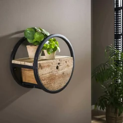 Etagère murale ronde bois recyclé brut 1 tiroir D40 cm CYCLADES