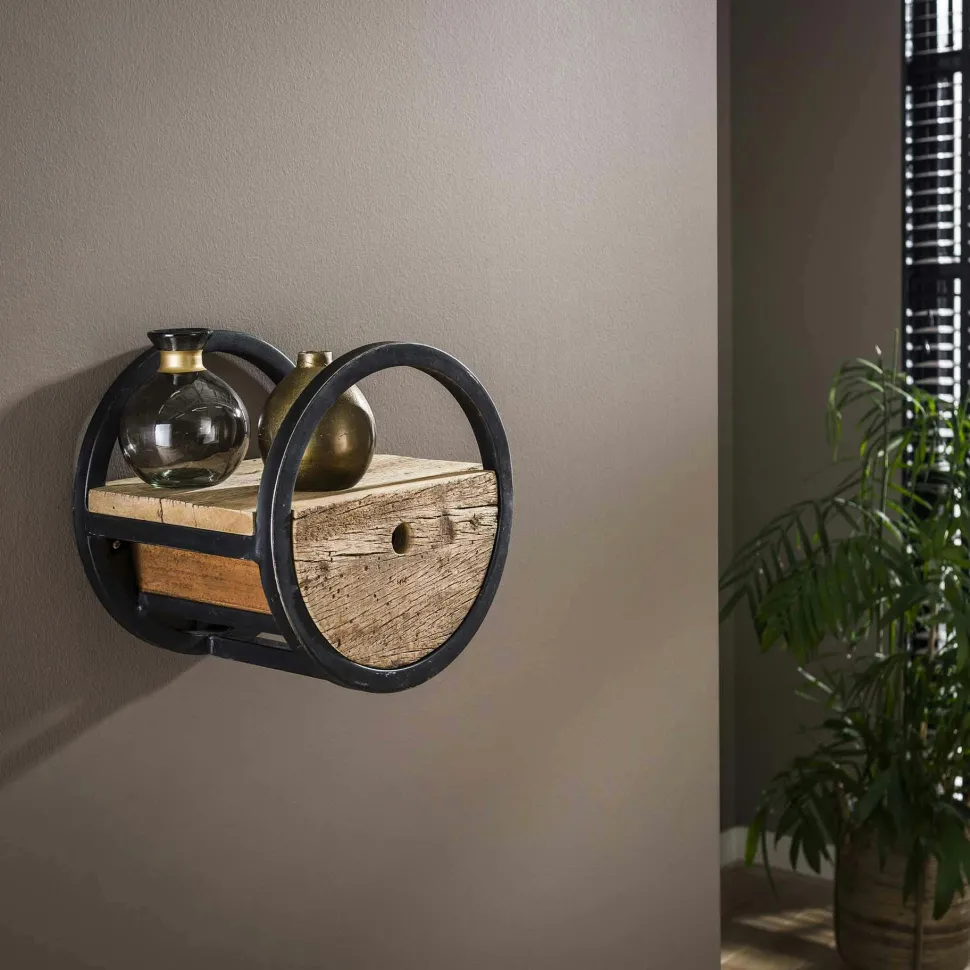 Etagère murale ronde bois recyclé brut 1 tiroir D40 cm CYCLADES