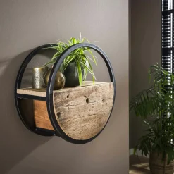 Etagère murale ronde bois recyclé brut 1 tiroir D40 cm CYCLADES