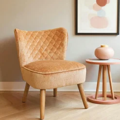 Fauteuil blanc tissu chenille - pieds bois, motif croisé IENA