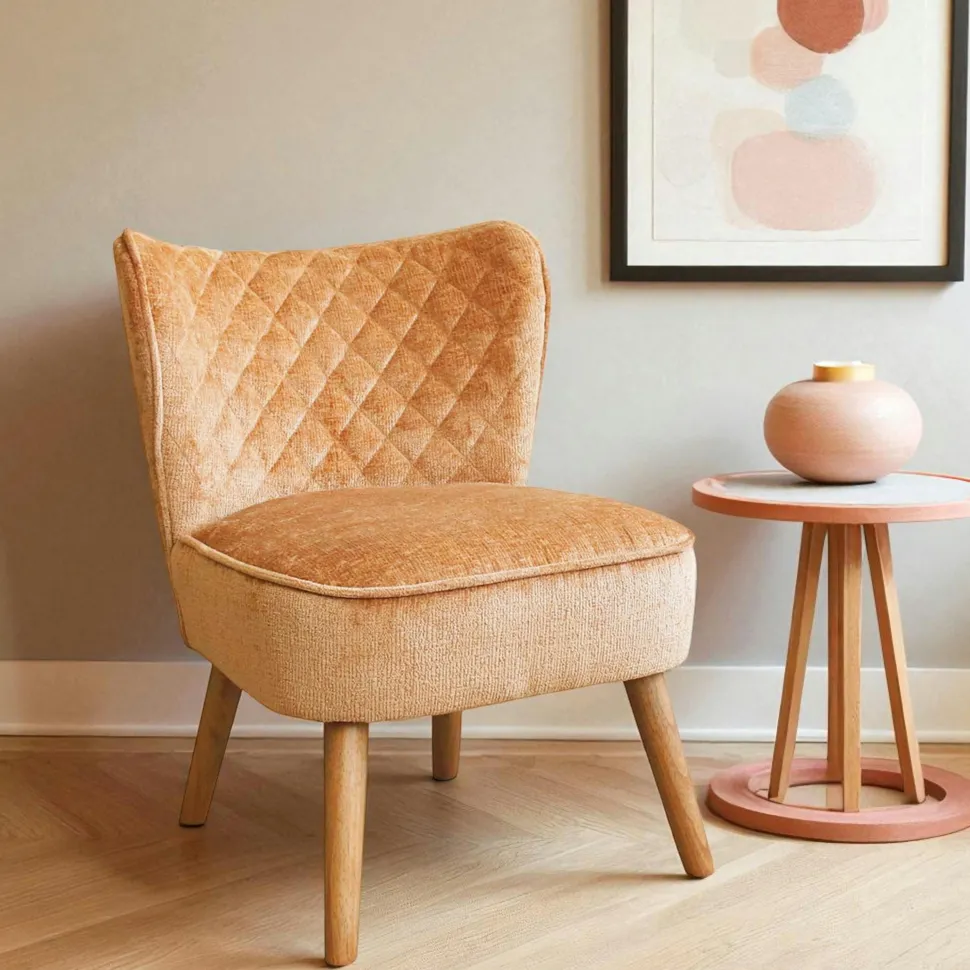 Fauteuil blanc tissu chenille - pieds bois, motif croisé IENA