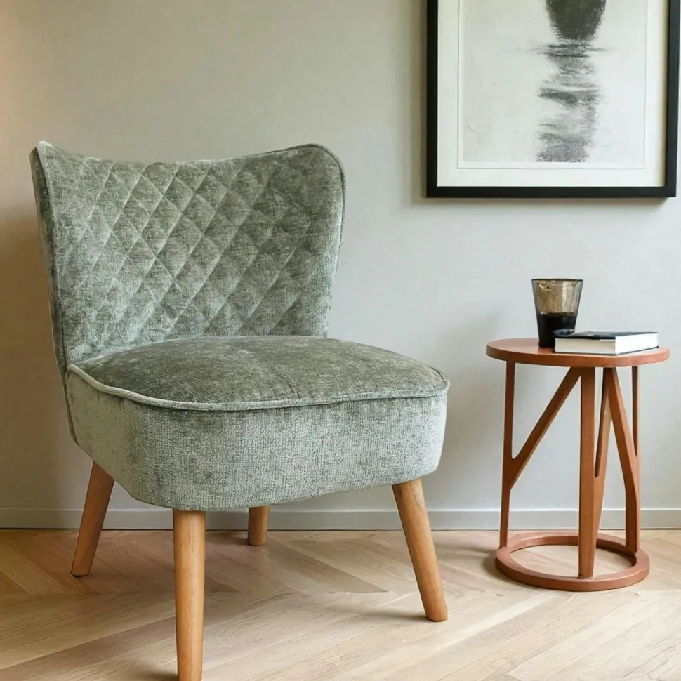 Fauteuil blanc tissu chenille - pieds bois, motif croisé IENA