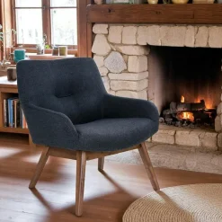 Fauteuil bleu foncé avec structure en bois de noyer BERLIN