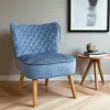Fauteuil bleu tissu chenille - pieds bois, motif croisé IENA