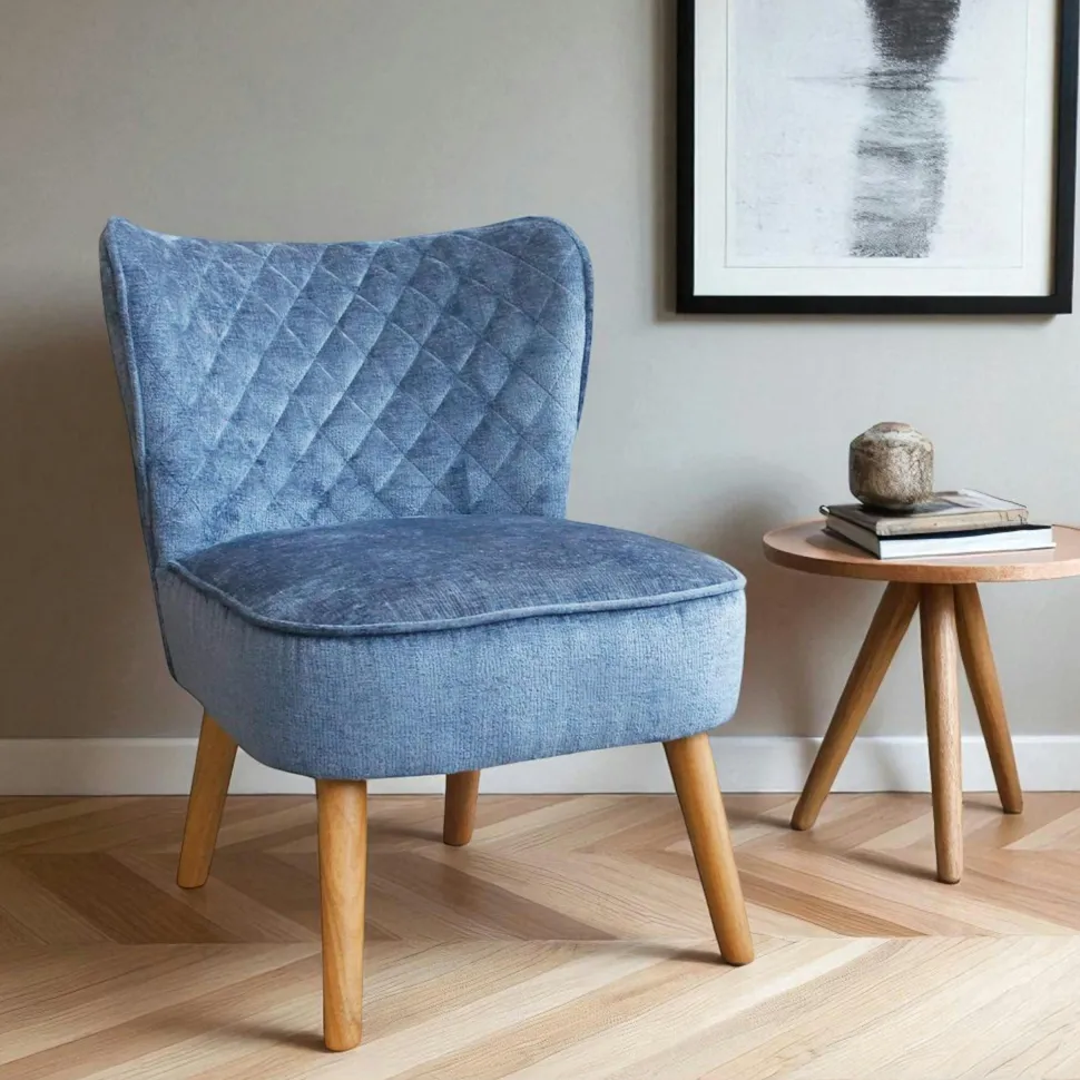 Fauteuil bleu tissu chenille - pieds bois, motif croisé IENA