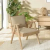 Fauteuil bois exotique clair tissu beige DIKA