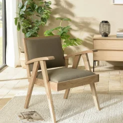 Fauteuil bois exotique clair tissu beige DIKA