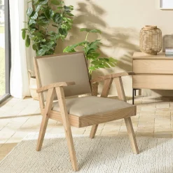 Fauteuil bois exotique clair tissu kaki DIKA