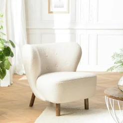 Fauteuil capitonné tissu bouclette blanc TIM