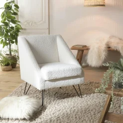 Fauteuil club blanc tissu bouclette TIM