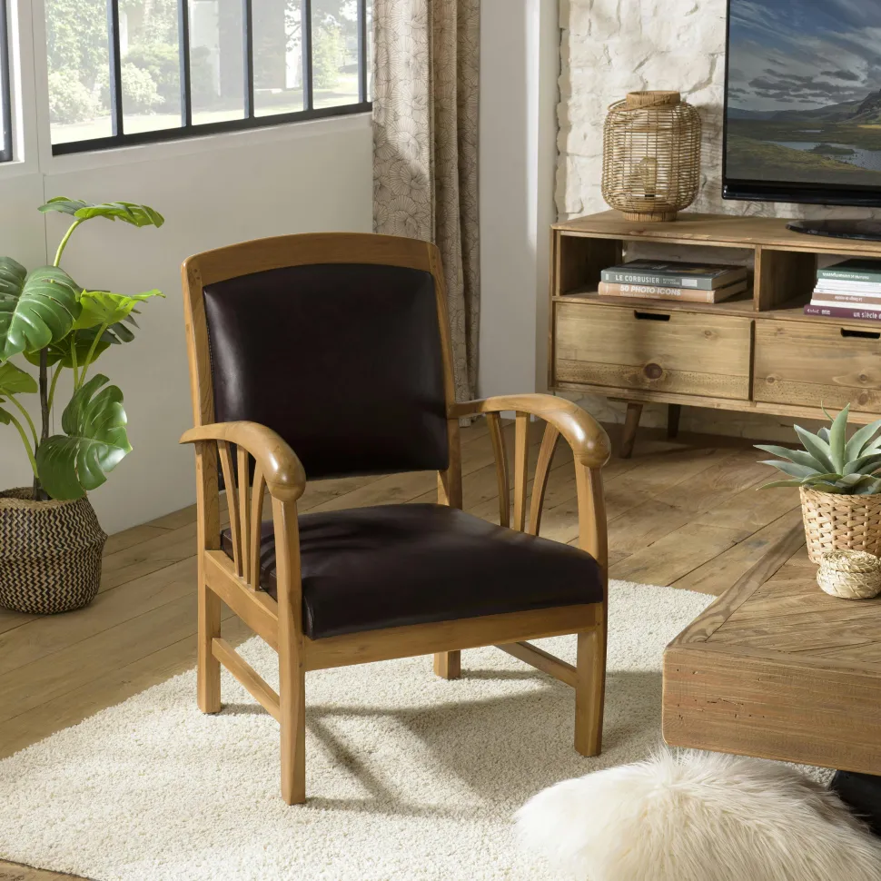 Fauteuil colonial teck assise cuir brun DIKA