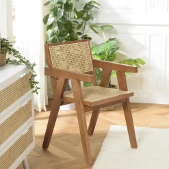 Fauteuil contemporain bois clair tissu blanc et cannage TIM