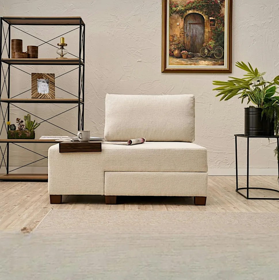 Fauteuil convertible écru chenille, plateau gauche BUZON