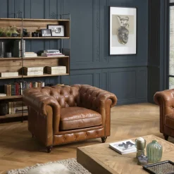 Fauteuil cuir brun Chesterfield 2 roulettes PRESTON