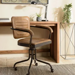 Fauteuil de bureau à roulettes cuir havane et bois TIM