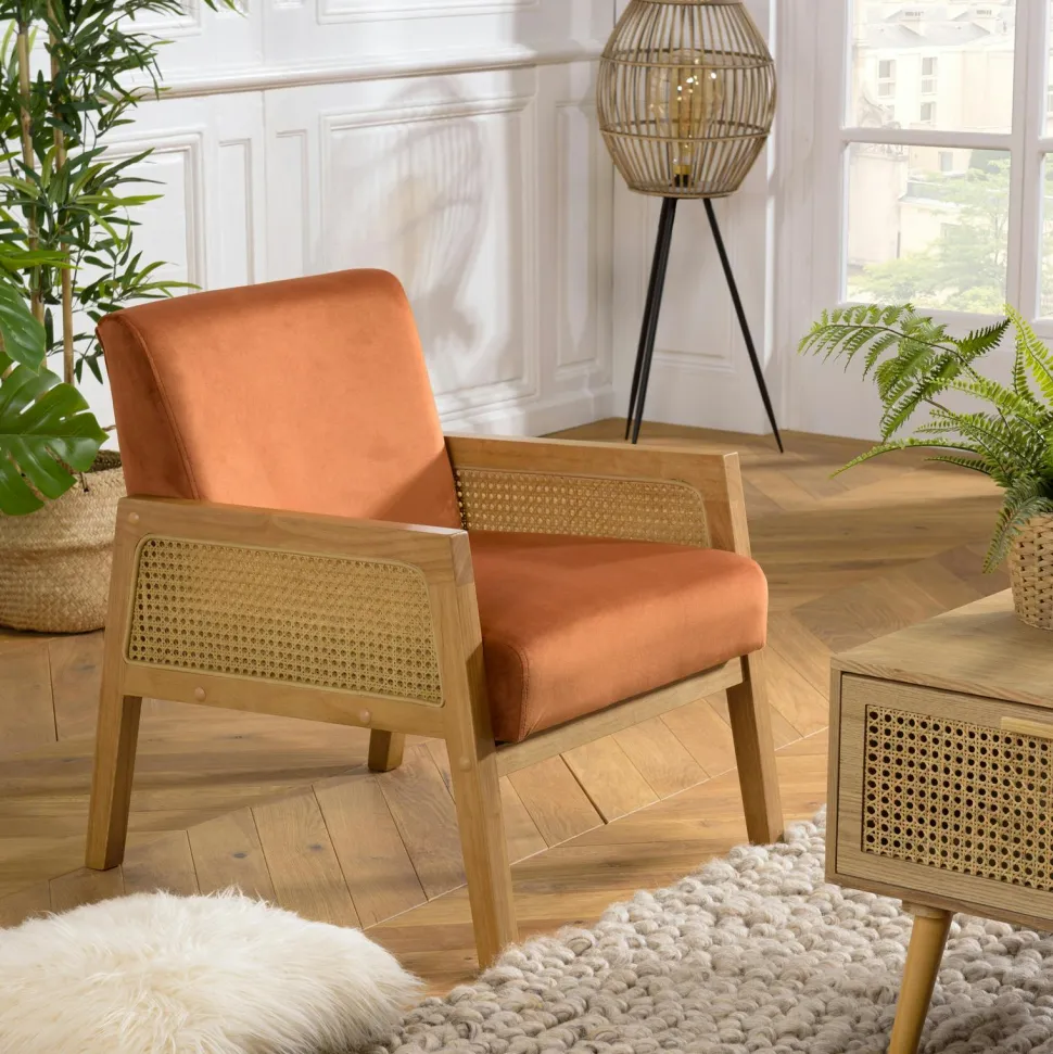 Fauteuil de chambre en cannage et velours rouille TIM