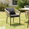 Fauteuil de jardin cordage couleur naturelle 2 coussins noirs (lot de 6) GIJON