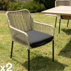 Fauteuil de jardin cordage couleur naturelle 1 coussin noir (lot de 2) GIJON