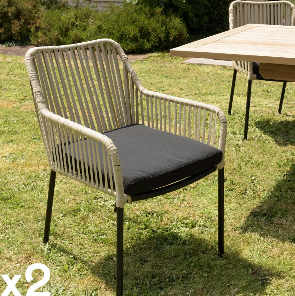 Fauteuil de jardin cordage couleur naturelle 1 coussin noir (lot de 2) GIJON