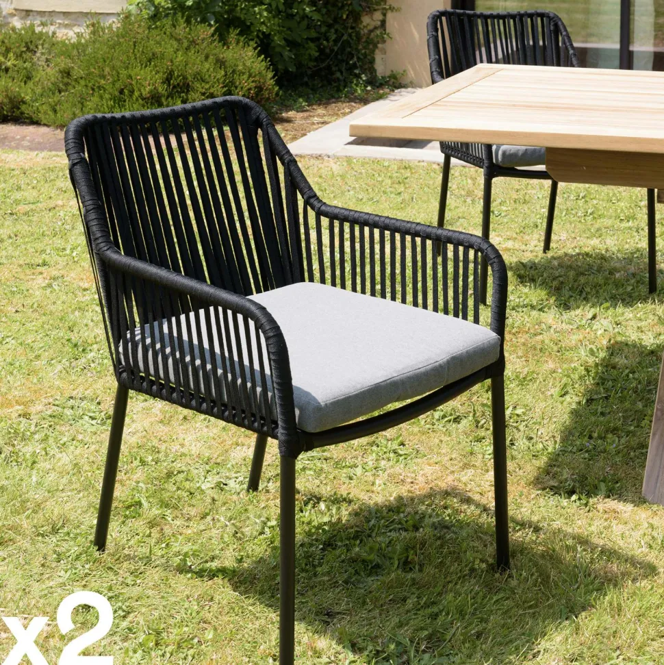 Fauteuil de jardin cordage couleur naturelle 1 coussin noir (lot de 2) GIJON