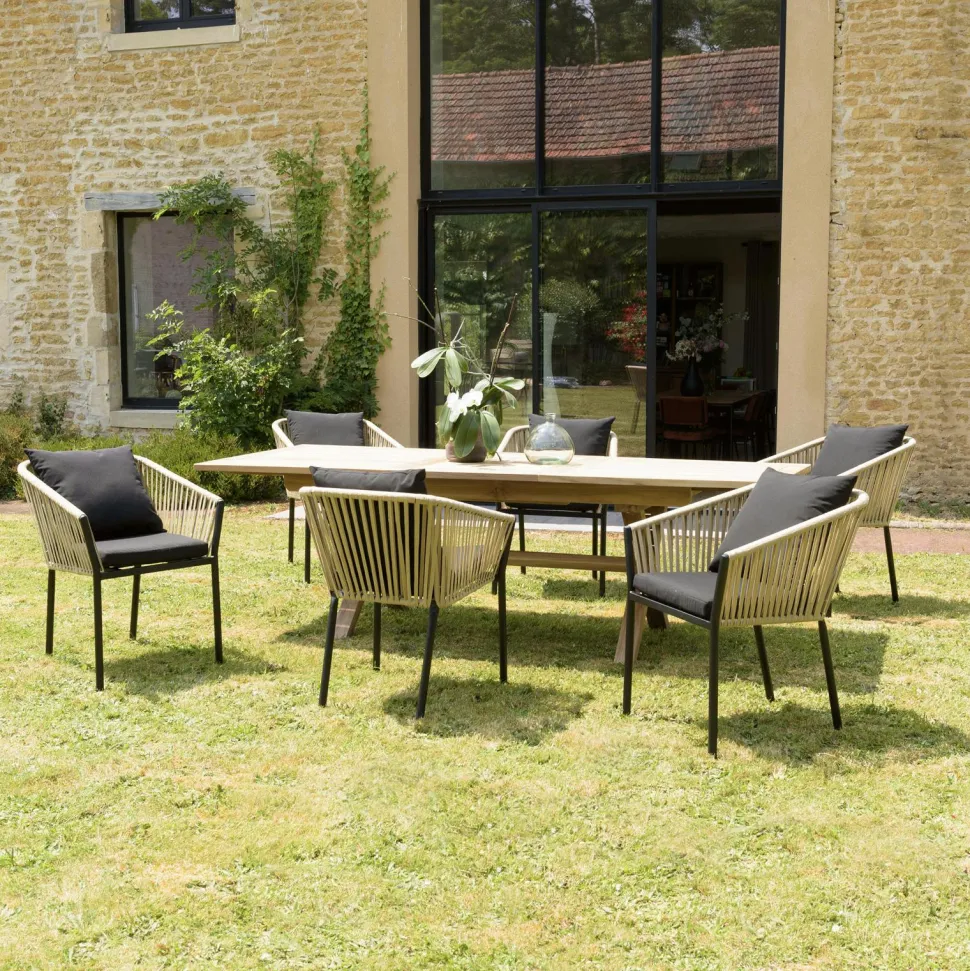 Fauteuil de jardin cordage couleur naturelle 1 coussin noir (lot de 2) GIJON