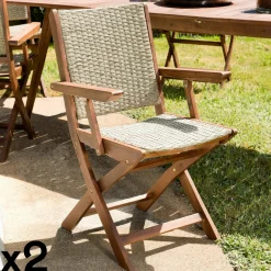 Fauteuil de jardin pliant acacia rotin synthétique BAHIA (lot de 2)
