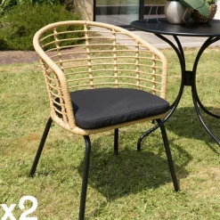 Fauteuil de jardin rotin synthétique ajouré couleur naturelle avec coussin noir (lot de 2) GIJON