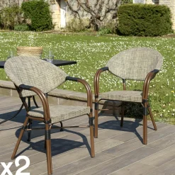 Fauteuil de jardin rotin synthétique ajouré couleur naturelle avec coussin noir (lot de 2) GIJON