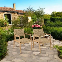 Fauteuil de jardin rotin synthétique beige et teck (lot de 2) SUMMER